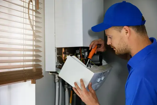 plumber fixing a gas hot water system